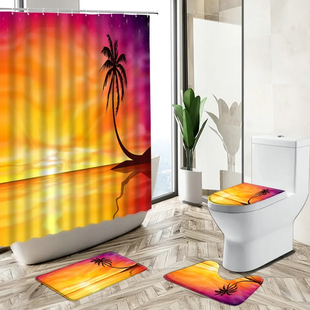 Ocean Beach Scenery Shower Curtain Natural Landscape Bathroom Set Green Palm Tree Summer Non-Slip Carpet Toilet Cover Floor Mat