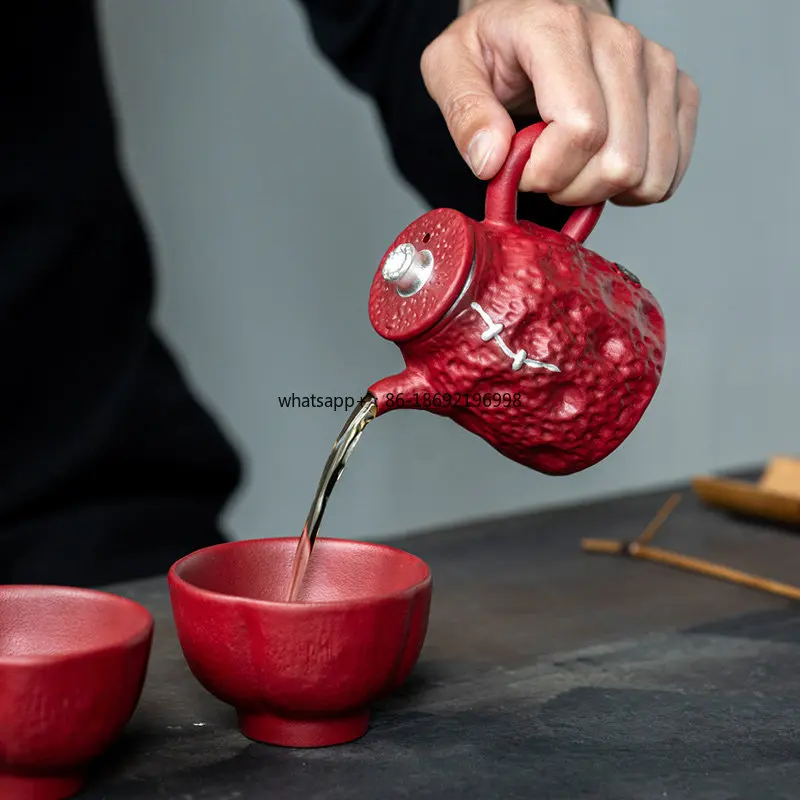 The Forbidden City Red-painted Silver Teapot Makes Tea, Household Ceramic Single Pot, Kung Fu Tea Set for One Person,