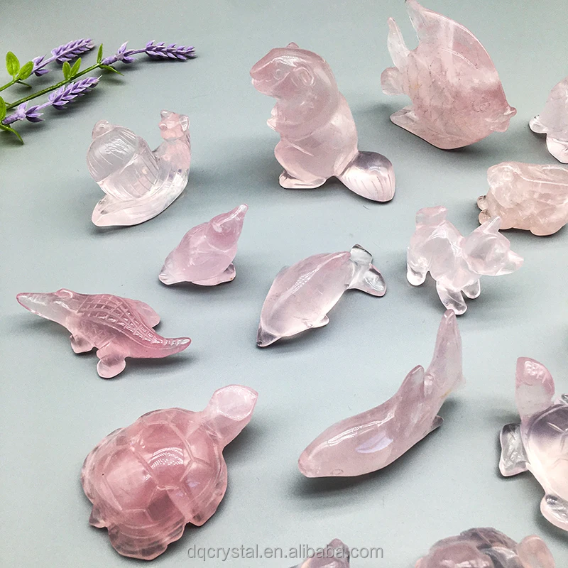 

Wholesale Natural Crystal Rose quartz fish Carving rose frog Statue crystal Crafts Mix Animal For home decoration