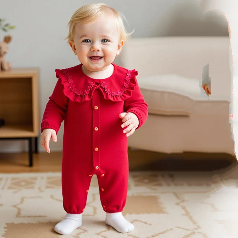 

Autumn Cute Baby One-Piece Clothes Hat Long-Sleeved Jumpsuit Newborn Souvenir Picture Baby Red Rompers Clothing