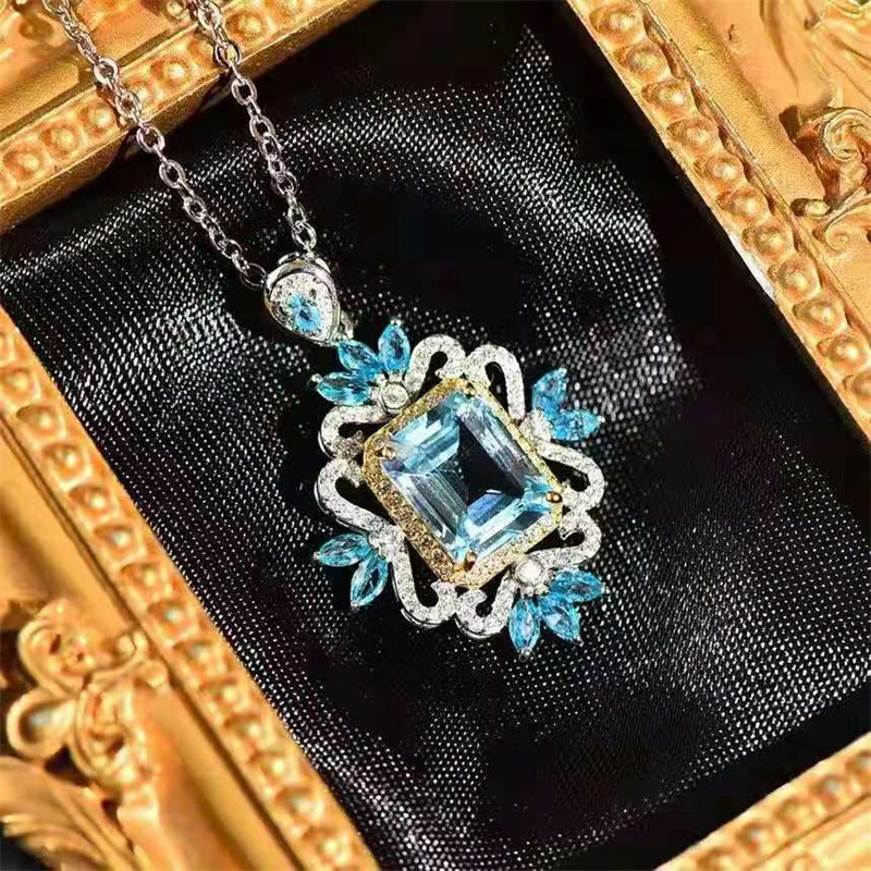Huitan New Creative Design Geometric Shaped Sky Blue CZ Necklace for Women Two Tone Gorgeous Wedding Anniversary Fashion Jewelry
