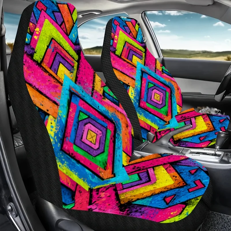 Two Pieces Of Bohemian Style Colorful Geometric Printed Car Seat Covers, Easy To Clean, Unisex Front Seat Protectors For Cars, F