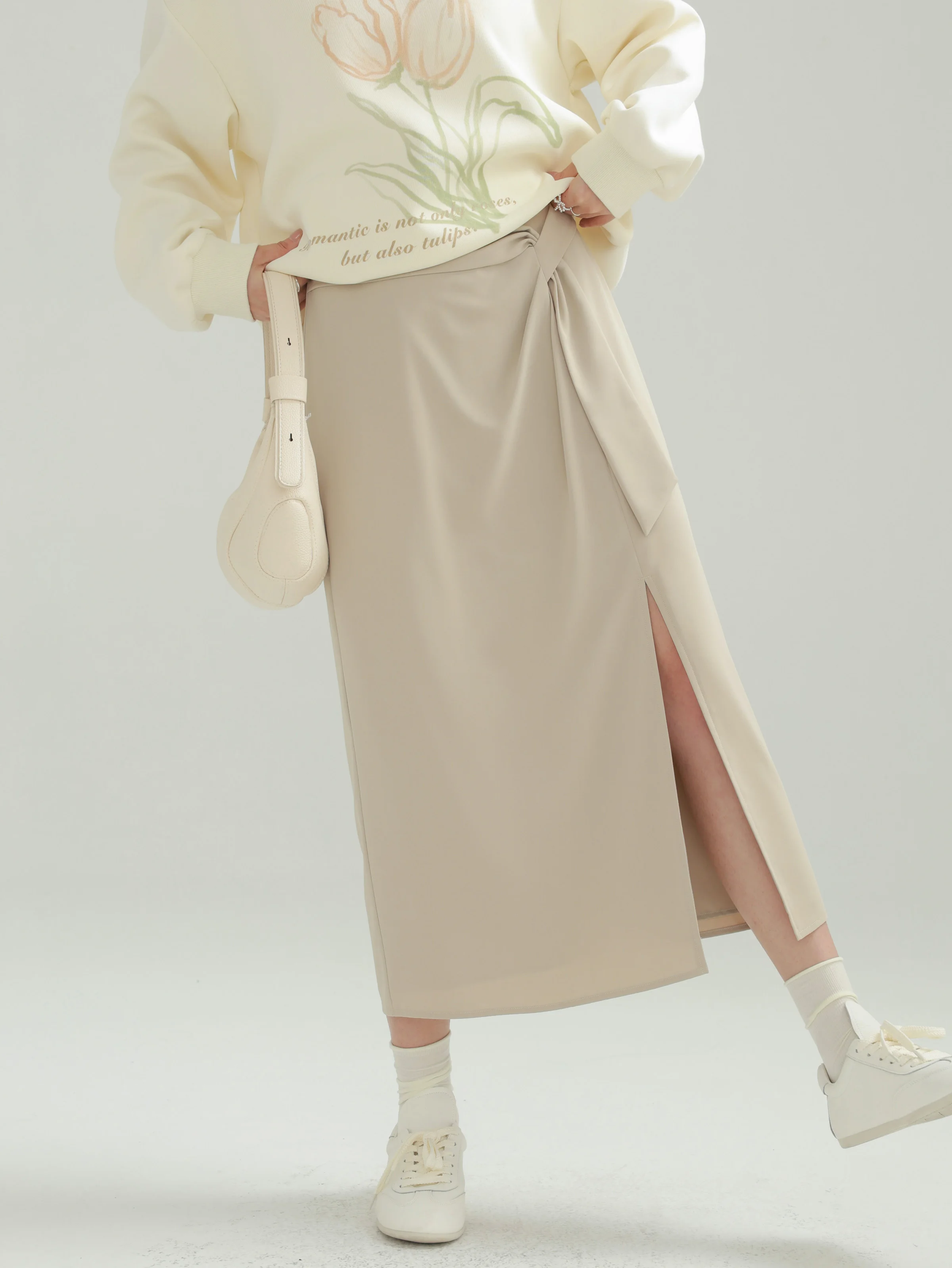 Falda caqui informal elegante, falda Midi con abertura lateral de cintura alta para mujer, falda holgada minimalista de Color sólido con lazo en la cintura para oficina Chic