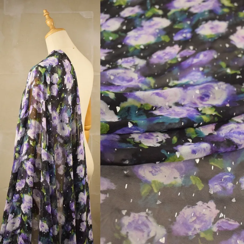 

Black Background Purple Flower Print Chiffon Fabric Fashion Blending Thin Transparent Top Shirt Dress Handmade Fabric