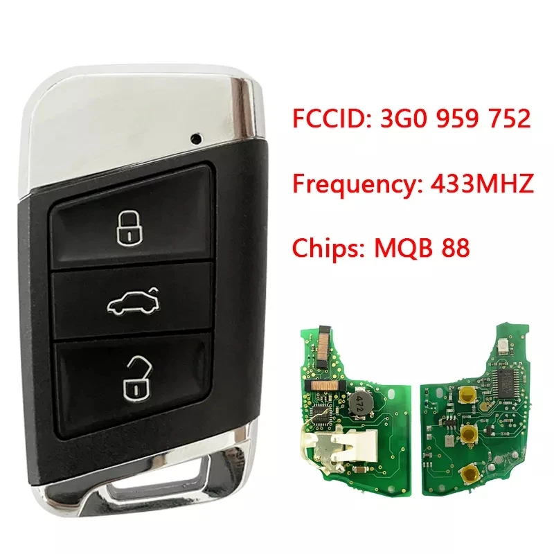 

CN001076 Aftermarket 3 Button Smart Key 434 MHz Transponder MQB 88 Chip Part No 3G0 959 752 Keyless GO For VW Passat 2018-2022