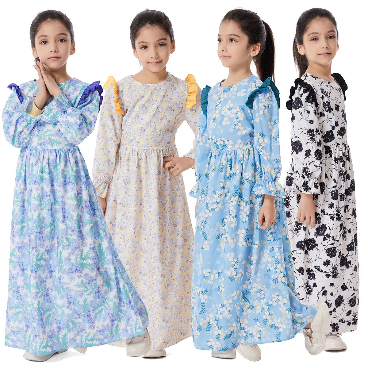 

Muslim Girls Long Sleeve Printing Dress Lace Long Islamic Abaya for Kids Princess Maxi Dress Dubai Turkey Caftan Casual Frocks