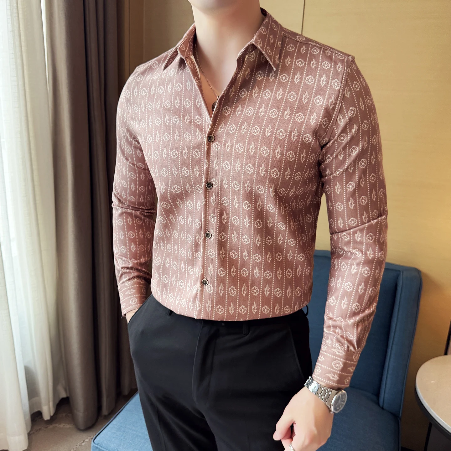 

Элегантные рубашки с принтом для мужчин, корейская осенне-зимняя толстая мужская рубашка с длинным рукавом, повседневное платье, приталенный смокинг для вечеринки/выпускного вечера