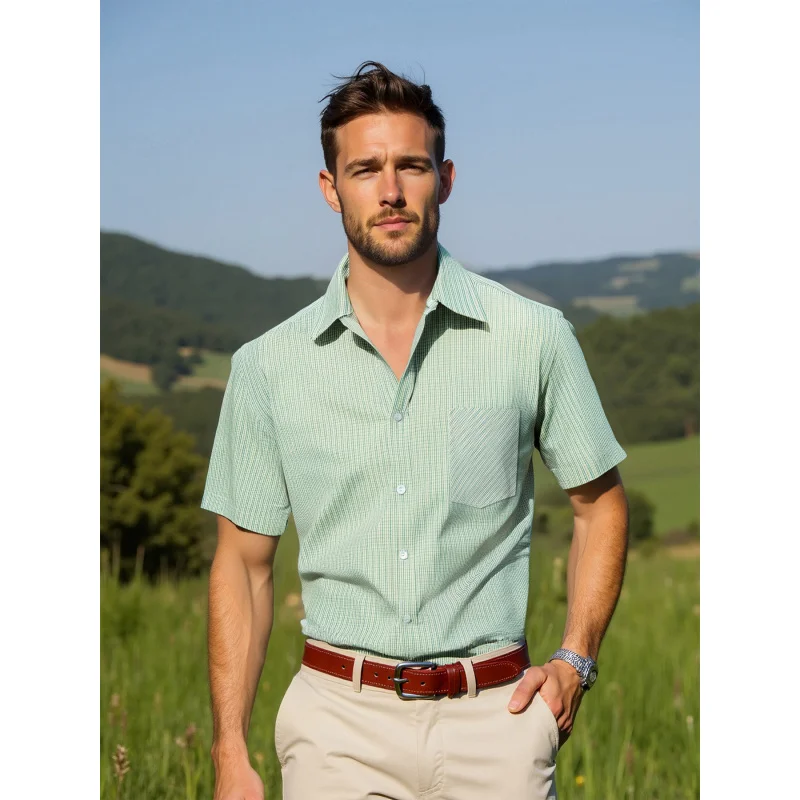 

Men's Summer Hot Sale Casual Simple Business Striped Shirt Single-Breasted Turn-Down Collar Short Sleeve Shirt