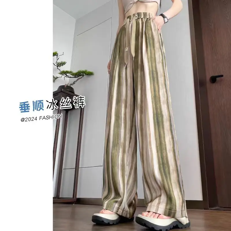 

Satin Striped Pants for Women Ice Silk Summer Thin Wide-leg Tie-dye High Waist Straight Draped Casual Trousers