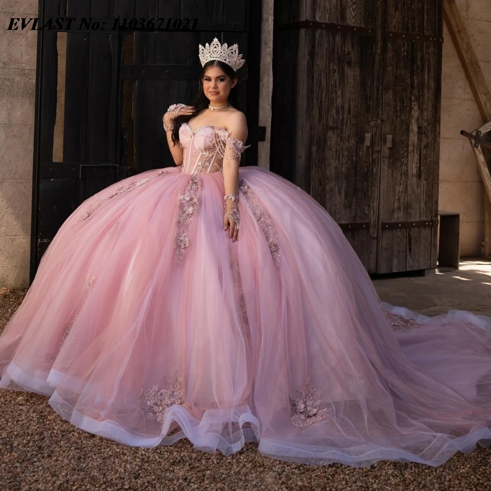 

EVLAST Customized Pink Quinnceanera Dress Ball Gown 3D Floral Applique Beaded Crystal Mexican Sweet 16 Vestidos De 15 Anos SQ659