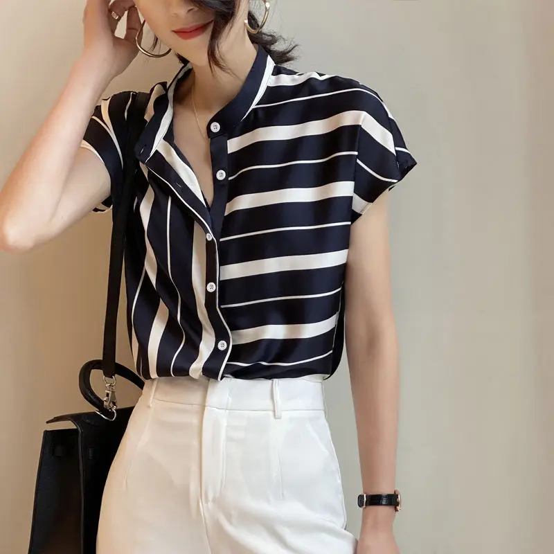 Summer Women Fashion Commuter Asymmetrical Striped Blouse Loose Polo-neck Single-breasted Short Sleeve Chiffon Casual Shirts