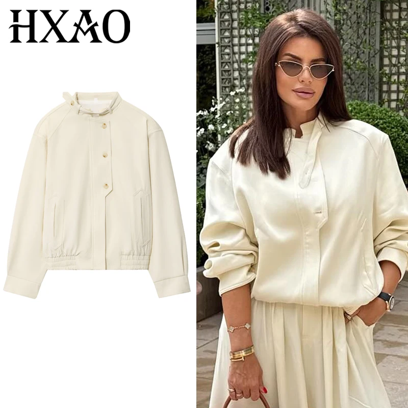 

HXAO Women's Autumn Jacket Women's Long Sleeve Top Women Beige Zip Up Jacket Female Jackets Women's Short Coat Cropped Coat
