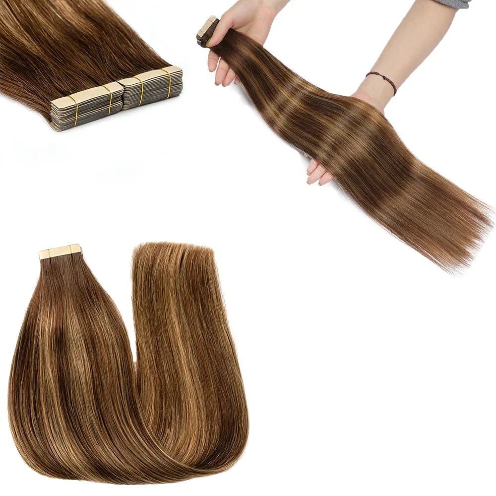 Highlight Brown Straight Tape extensões de cabelo, cabelo humano, PU, sem costura, cabelo brasileiro, cor natural, 20pcs por pacote, #4, 27