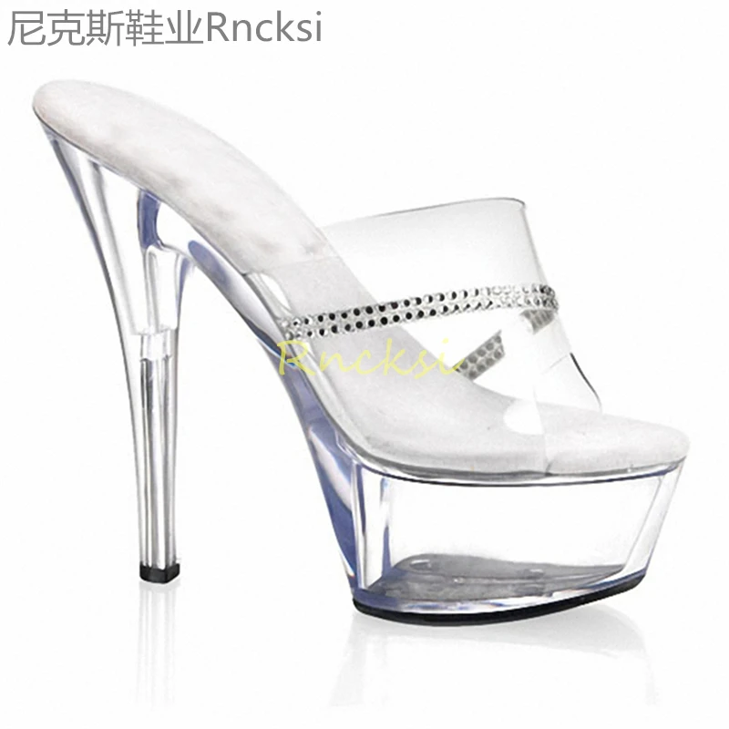 15cm Slippers wear new women's sandals waterproof platform transparent solid-colored stilettos with high heels and leaky toes.