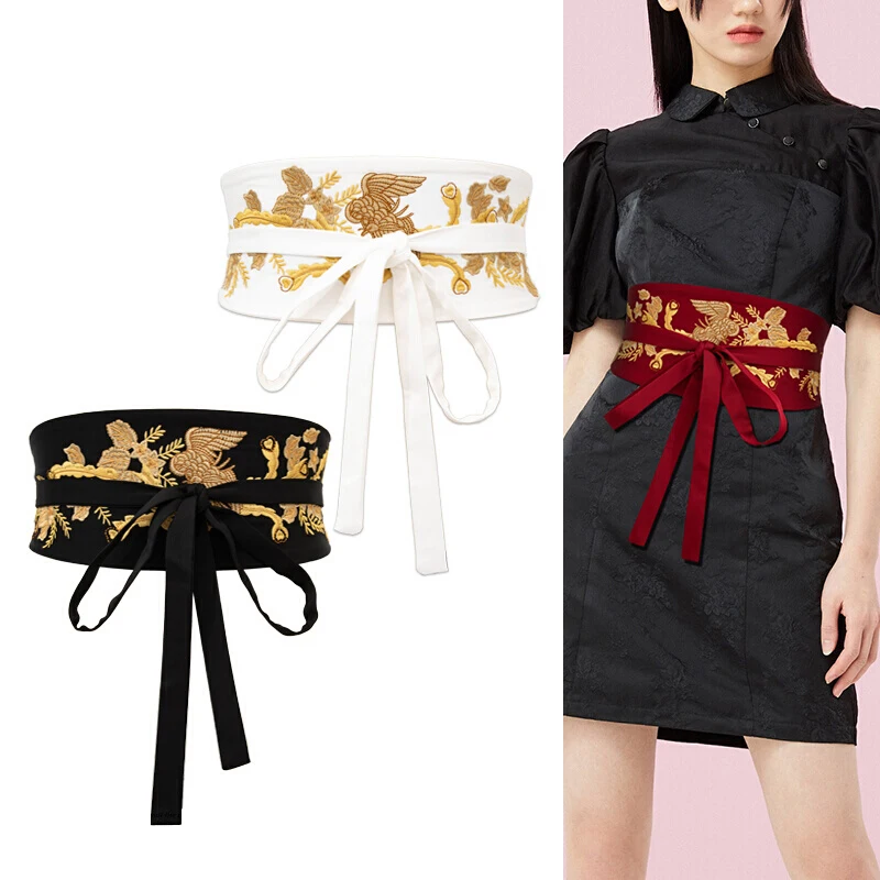 Women's Embroidered Vintage Waist Wide Japanese Self Tie Wrap Around Obi Waist Band Cinch Boho Belt Fabric Dress Belts