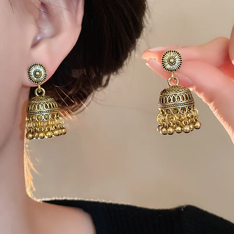 

Retro Hollow Bell Carved Flower Tassel Earrings Dangle for Women Vintage Antique Jhumka Drop Earring Original Gypsy Ear Jewelry