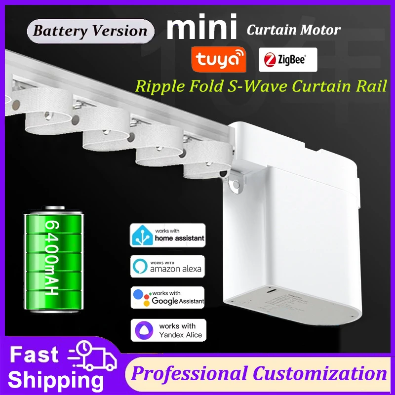 Tuya Zigbee Smart Battery Mini Curtain Motor 6400 mAh & Electric  Ripple Fold S Wave Curtains Track Rail  Alexa Yandex Google