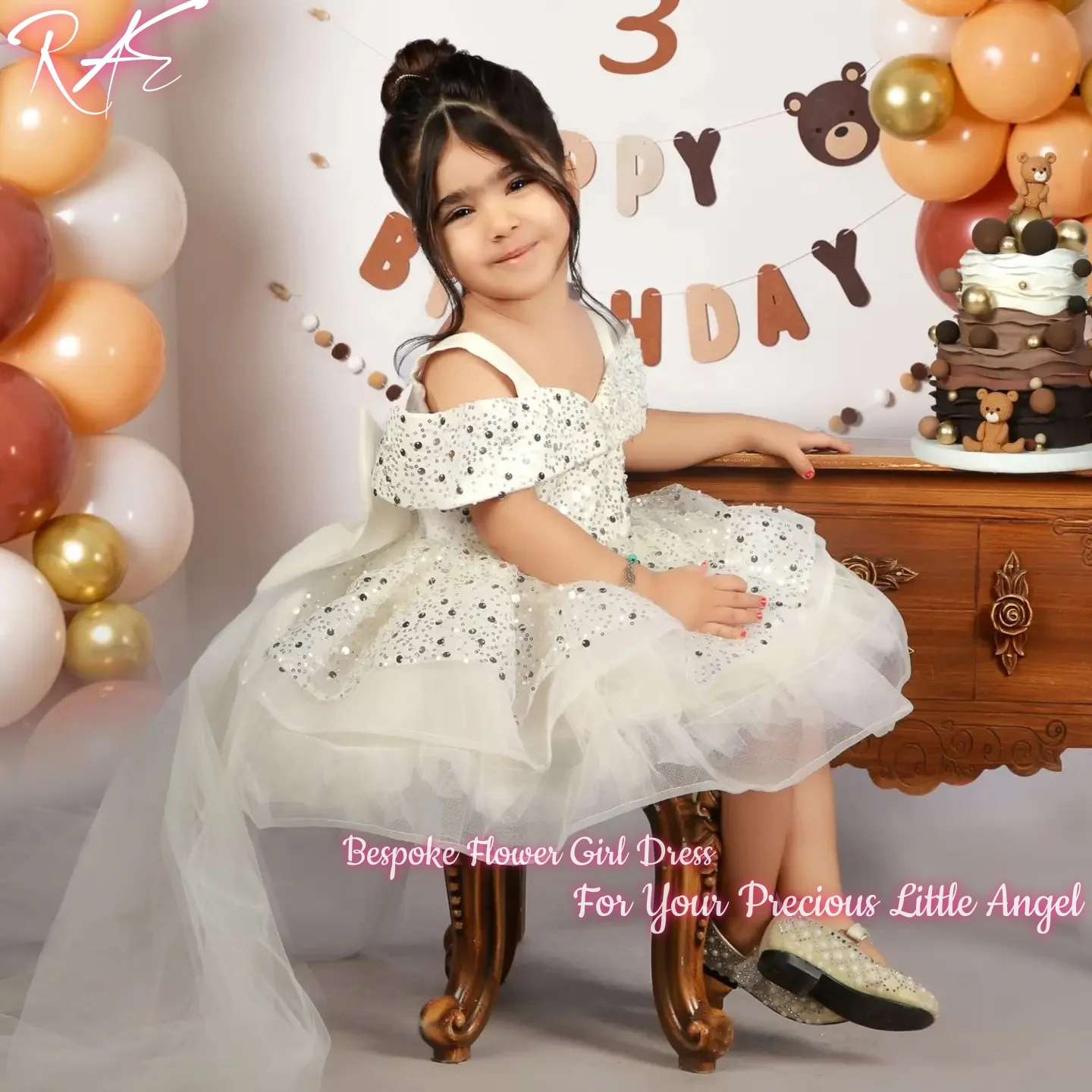 Gorgeous Ivory Off Shoulder Sequin Tulle Flower Girl Dress For Wedding Birthday Short Puffy Gown Big Bow Train Customized