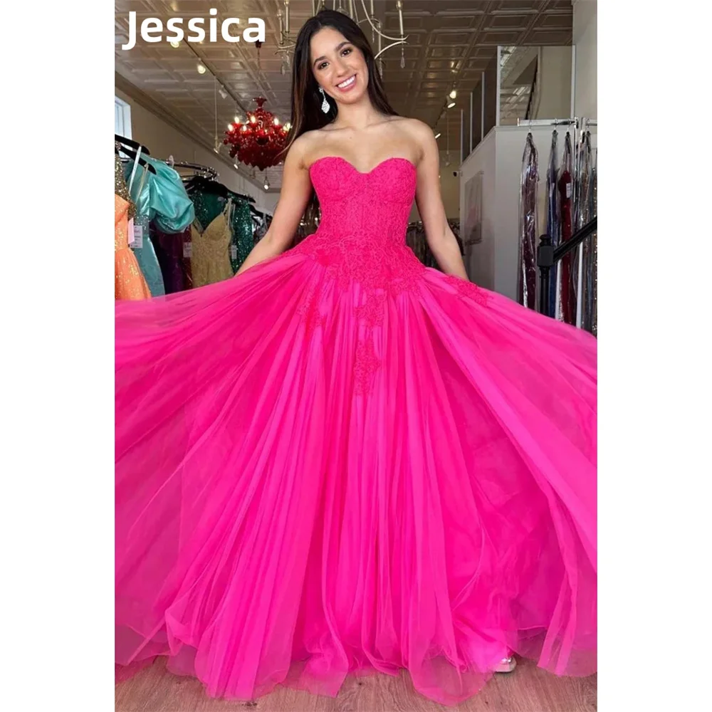 Jessica Hot Pink Prom Dress Strapless Tulle Embroidery 2024 Vestidos De Fiesta A-shaped Formal Occasions Princess Party Dress