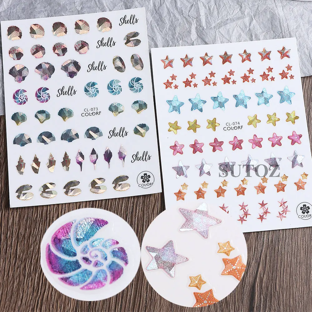 Holographic Mermaid Nail Stickers Summer Sea Animals Starfish Shell Laser Effect Nail Decals Cute Cartoon Nail Parts LEBCL-075