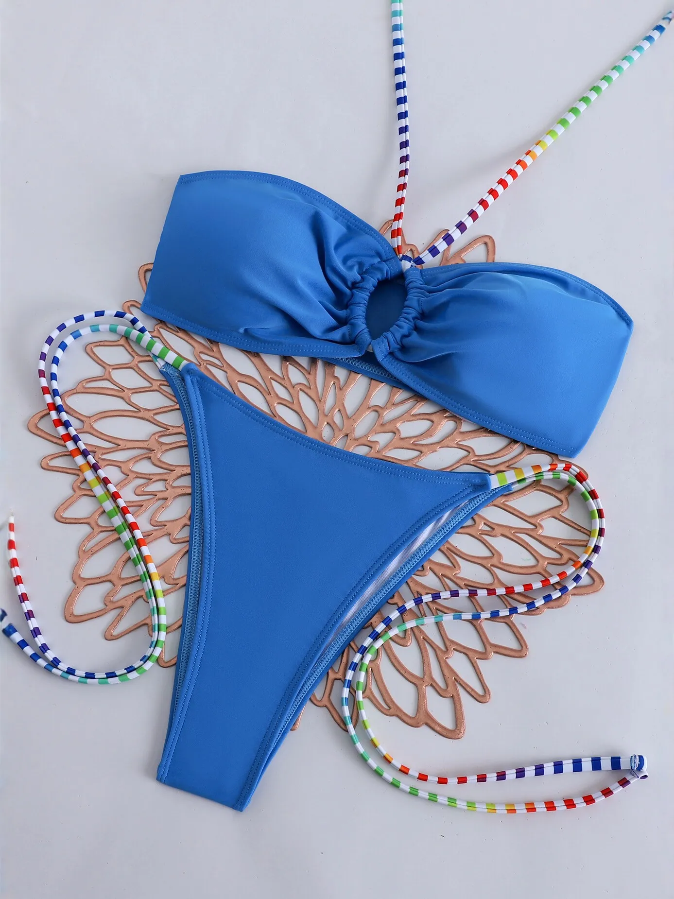 2026 Women's Blue Bandeau Tie Side Two Piece Bikini Set Push Up Tummy Control Sexy Swimwear Beach Solid Blue Halter Thongs Suits