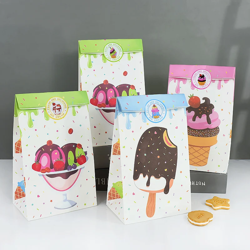 

14pcs Summer Ice Cream Theme Gift Bag Paper Candg Packing Bags with Sticker Tropical Hawaiian Birthday Party Decor Wedding Favor