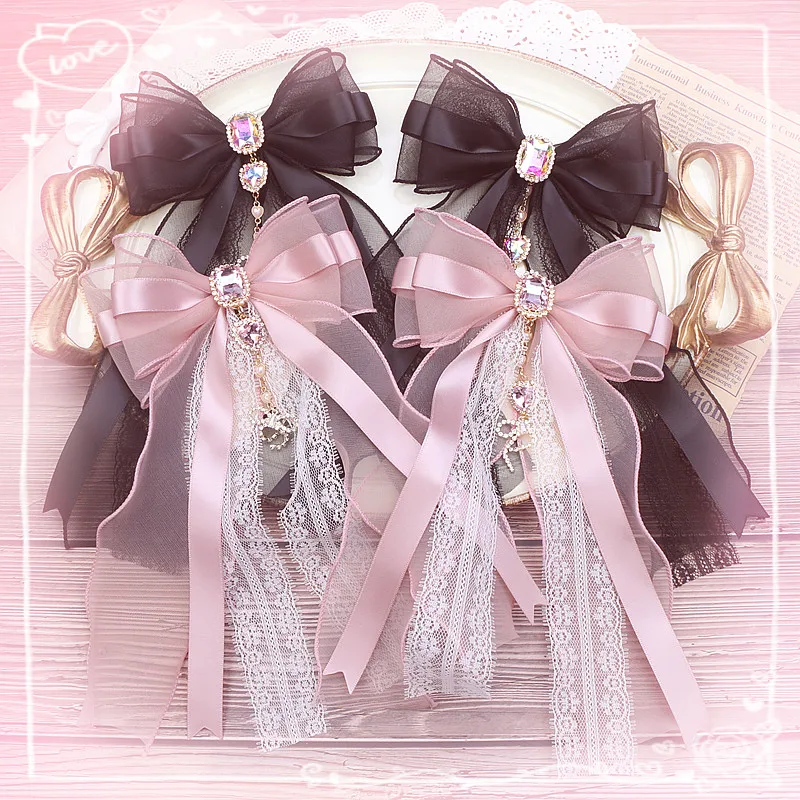 

Japanese Mass-produced Lolita Sweet Cute Double-layer Organza Rhinestone Love Pendant Soft Sister Hairpin Hair Accessories Woman
