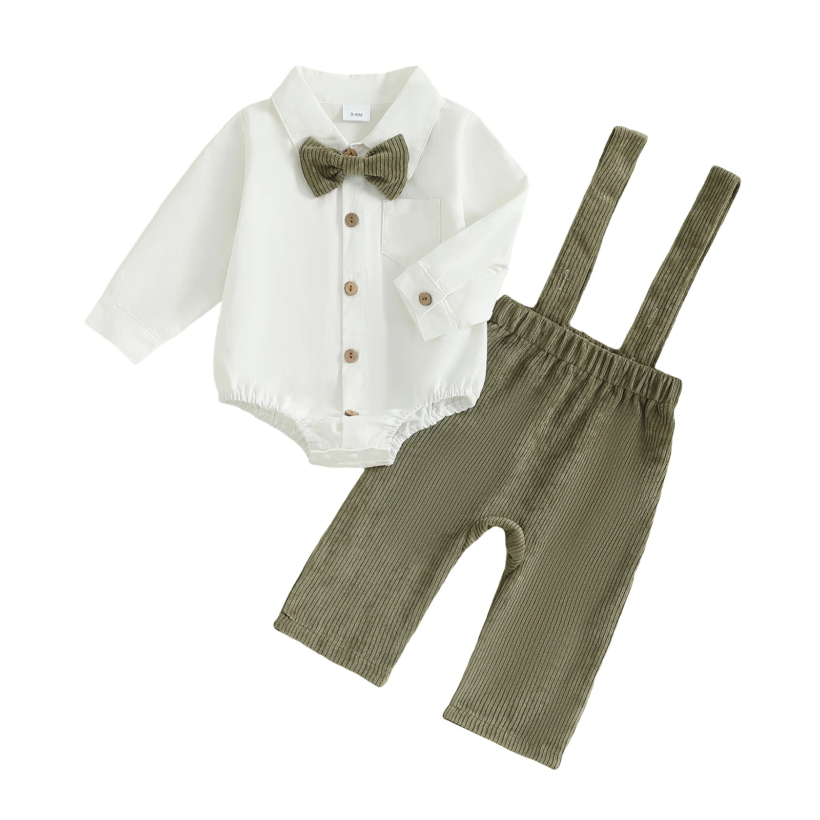 Toddler Boy Gentleman Outfit Solid Color Button up Shirt Romper with Bow Tie and Suspender Pants Set for Formal Wear