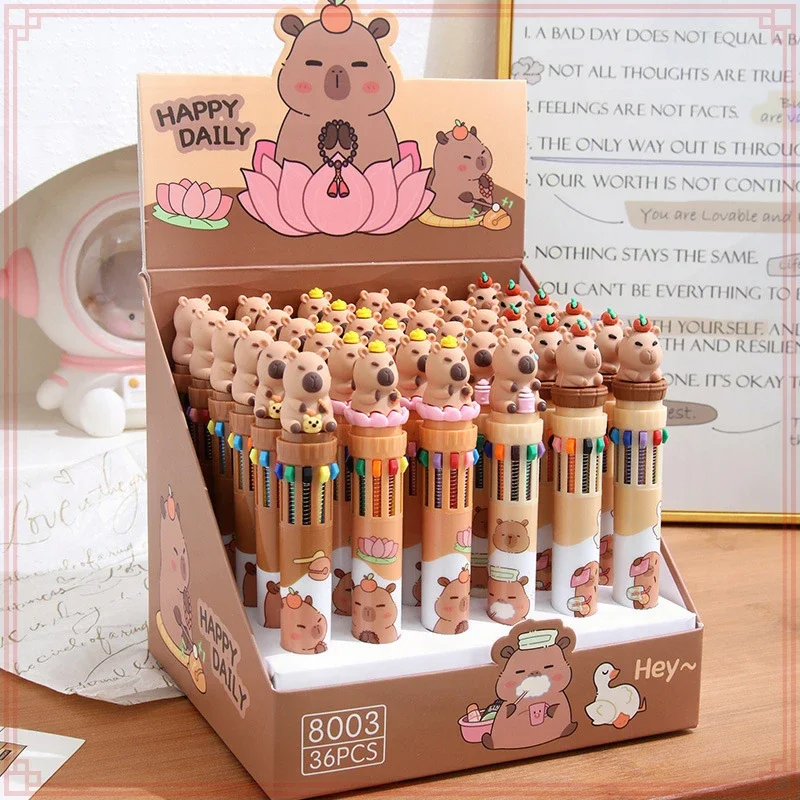 36 Pcs Wholesale Cute Cartoon Capybara Kapibala Push Ballpoint Pens with Box 10 Colors for School Supplies and Student Writing