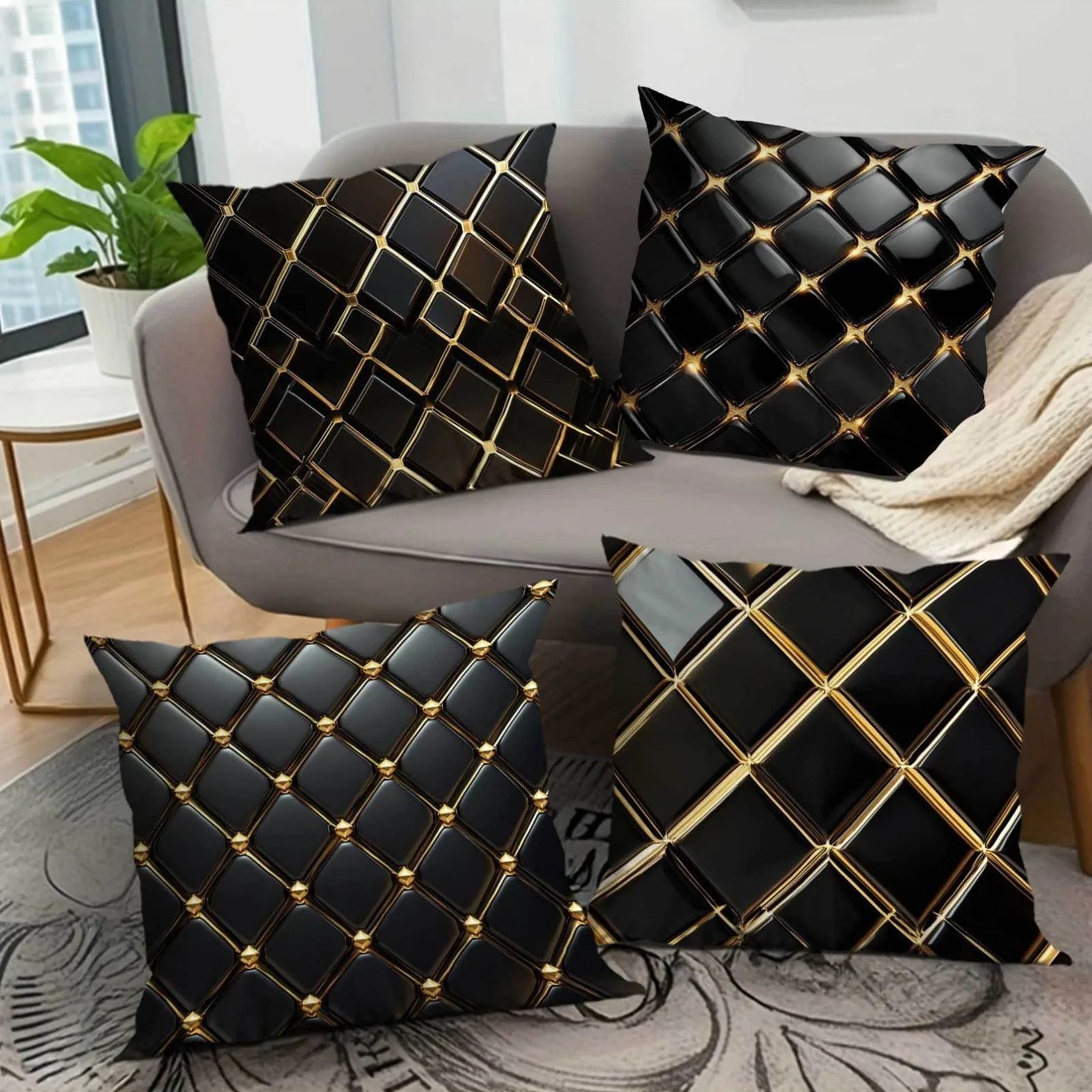 

Black and gold 3D lattice geometric print pillowcaseSuitable for sofa car bedroom decorative cushion cover pillow cover
