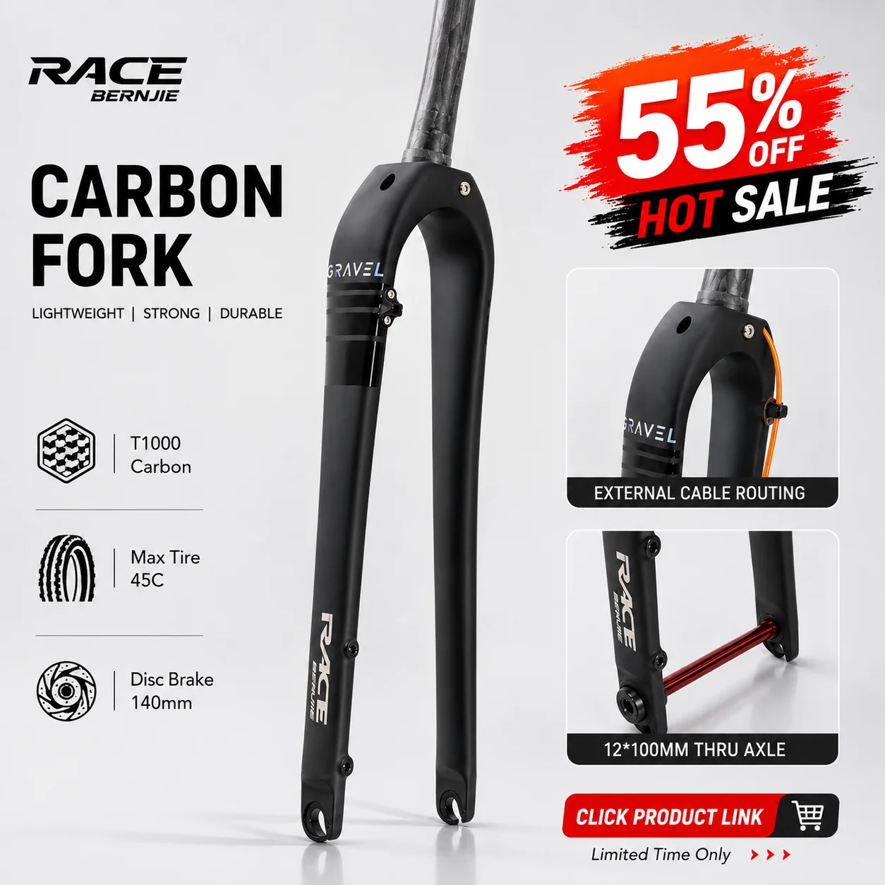 T1000 Carbon Fiber Gravel Bike Fork 700C Wheel Size 45C Disc Brake System 12x100 Thru Axle QR Compatible Straight Tapered Extern