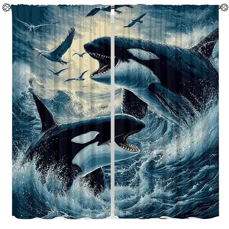 Ocean whale-themed animal curtains, installed using pocket rod method, suitable for bedrooms, living rooms, balconies decoration