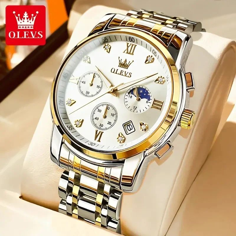 

Olevs 2858 New moon phase quartz watch men stainless steel waterproof anti-scratch luminous chronograph mens wristwatch 2024