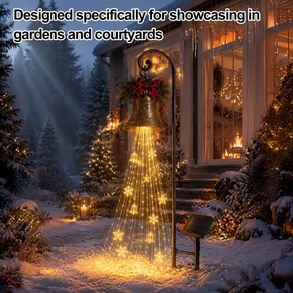 Festive Front Yard Illumination Solar Christmas Bell Waterfall Light Led Metal Garden Stake with Ribbon Waterproof for Yard