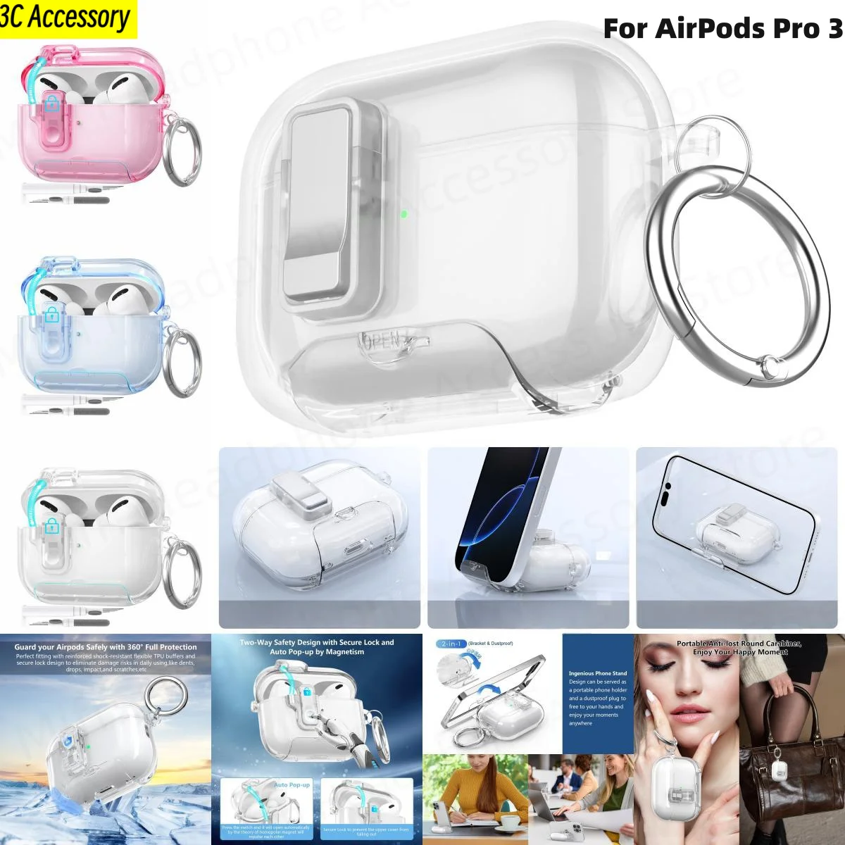 Cute Clear Case for AirPods Pro 3 2025, TPU Cover with Phone Stand & Carbon Fiber Pattern, Protective