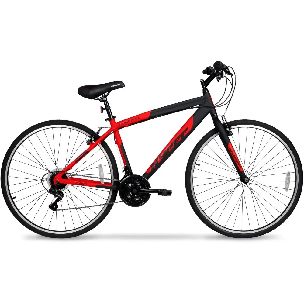 Bicycle 700c Men's Spin Fit Hybrid Bike, Black and Red,21-speed twist-grip shifting,3-piece high-performance crank