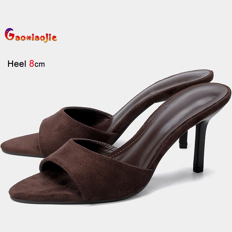 

2026 ﻿ Летние сексуальные женские туфли-мюли темно-коричневого цвета на тонком каблуке 8 см, с острым носком, открытые, на шпильке, для повседневной носки