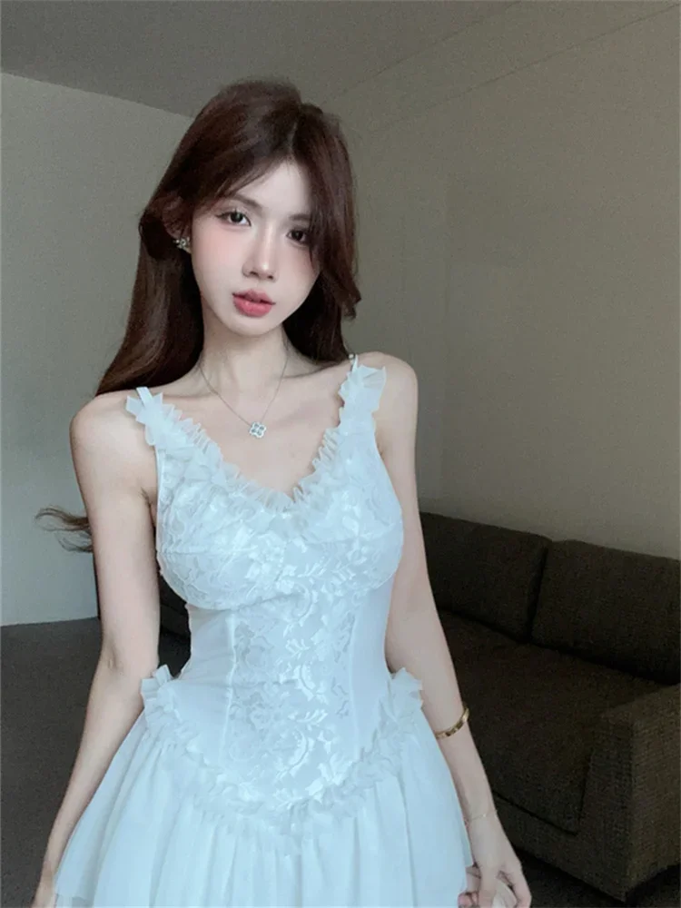 Prinses Stijl Sexy Feestjurk Lieve Meisjes Ruches Taille V-Hals A-Lijn Fee Kant Korte Witte Jurk Hemd Vestido Feminino