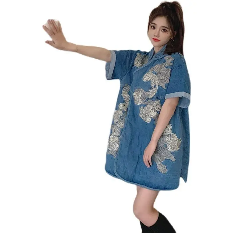 Linho de algodão cheongsam estilo chinês feminino azul impressão lapelas inclinadas tang vestidos curto vestido melhorado para meninas pequenas