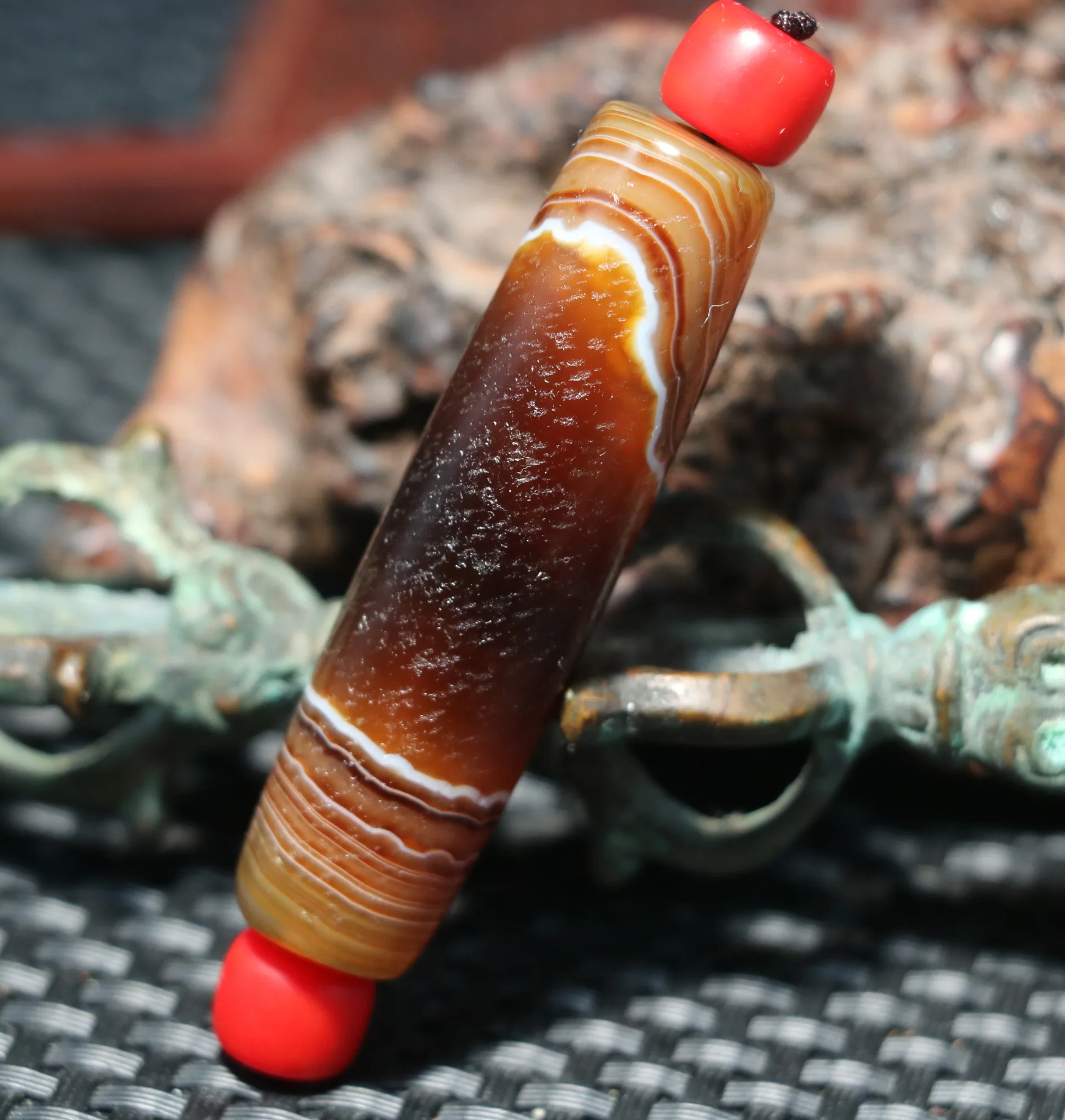 5A Ultra Energy Tibetan Old Oily Agate Coffee Color Natural Silkworm Lines Be Rich Totem DZi Bead Pendant RT  UPD230702a1