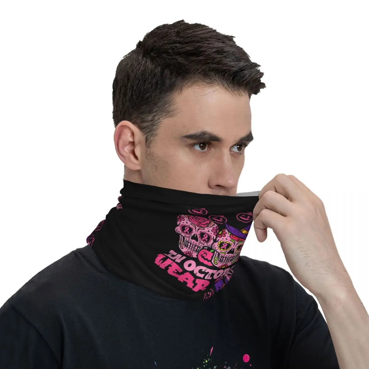 In October We Wear Pink Sugar Skull Scarf Neckerchief Neck Face Mask Polyester