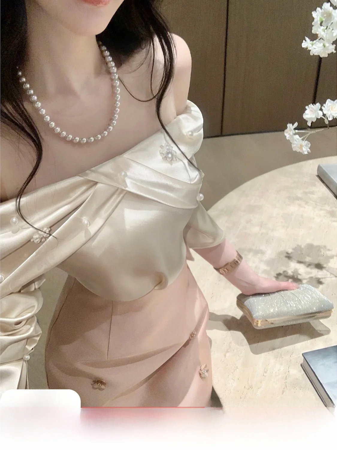 Syqiao Autumn Elegant Style Pearl Knot One Shoulder Mesh Top Women's Fashion Pearl Knot Twist Net Shirt Long Sleeve Polyester