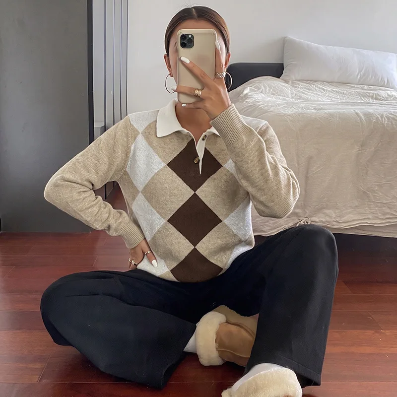 Women Argyle Knit Sweater Autumn Winter Polo Collar Half‑Zip Contrast Color Preppy Style Long‑Sleeve Pullover
