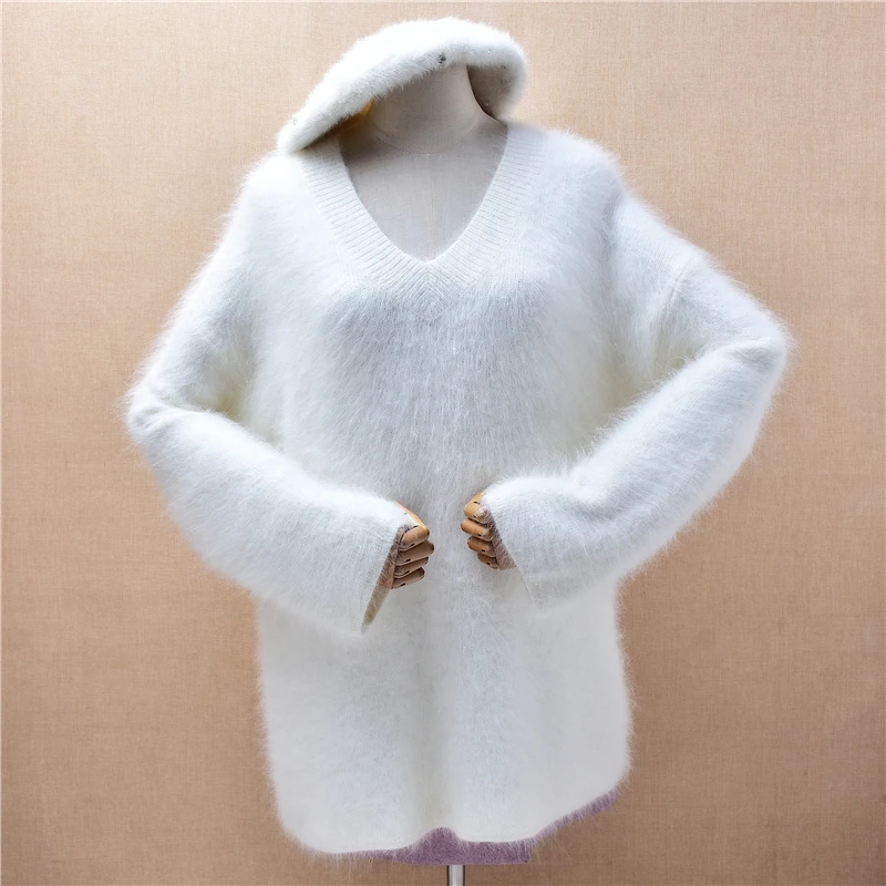 

Ladies Women Autumn Winter Clothing White Hairy Mink Cashmere Knitted V-Neck Long Sleeves Loose Pullover Sweater Jumper Pull Top