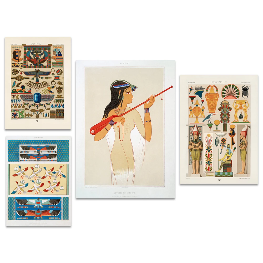 Egyptian jewelry collection, egyptian bard playing musical instruments, mysterious woman, ancient egypt hieroglyphs wall poster