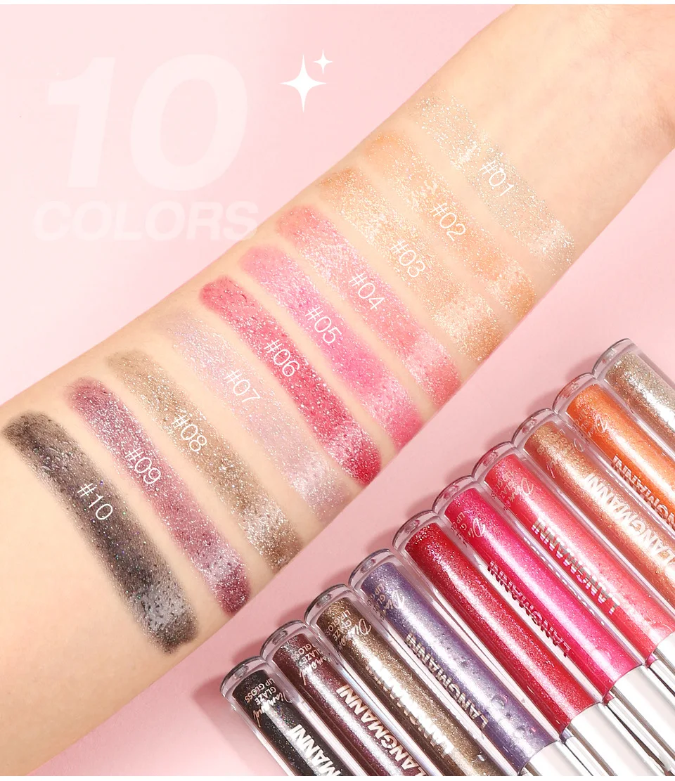 LANGMANNI 10 個真珠光沢のある粒子バーストフラッシュリップグロス持続色防水汗ノンスティックカップセット