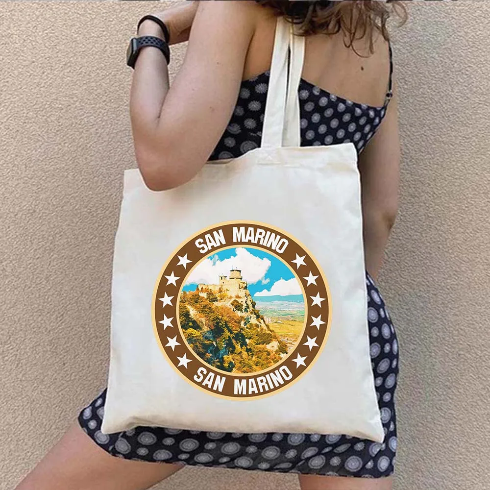 Europe San Marino Map Shield Flag Love Heart Summer Beach Travel City Shopper Harajuku Canvas Tote Bag Cotton Eco Shopping Handb