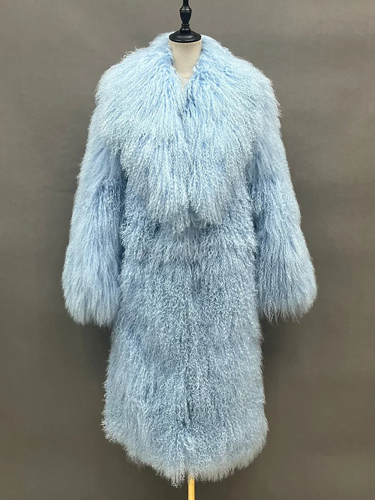 Customized Size Genuine Mongolian Fur Wool Trench Long Coat Lady Men Autumn Winter Long Outerwear S6424