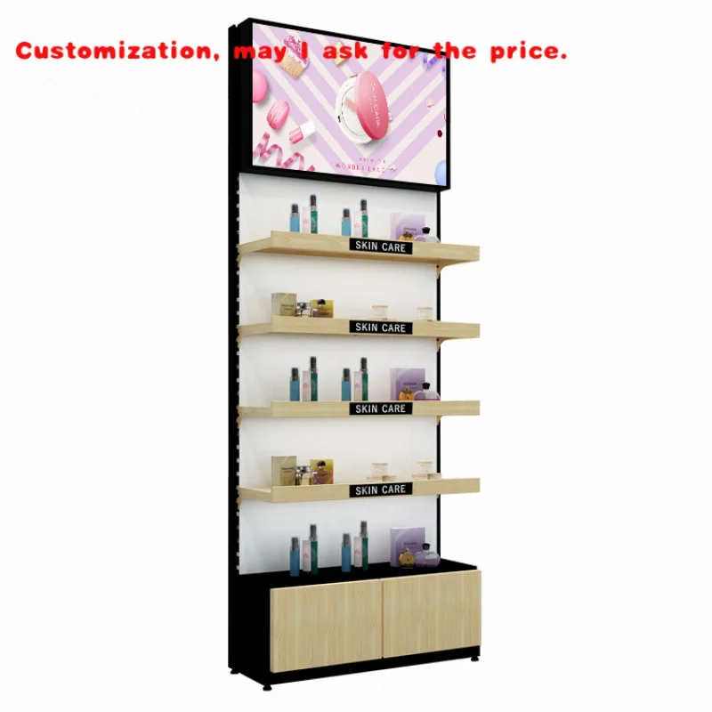custom.Skincare Display Stand with Led Lights Natural Iron Customized Display Rack Metallic Wooden Cosmetic Products Display