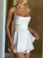 Women Sleeveless Satin Playsuits Fashion Summer Short Sling Backless Jumpsuits Cross Tie-Up Bandage Romper Streetwear Outfit - Image 3